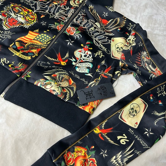 New ED HARDY SHRUNKEN CROPPED FLASHBOARD BLACK TRACK JACKET -WOMENS SMALL - Picture 3 of 14